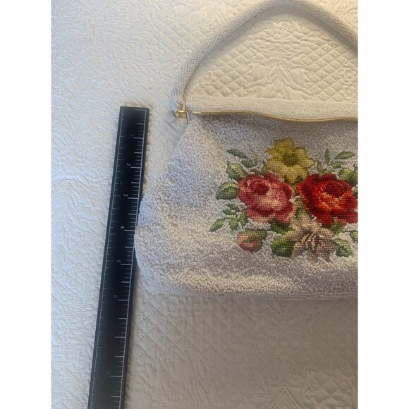 Needlepoint Roses Beaded Handbag Magnetic Closure and Inner Pockets - Picture 8 of 12
